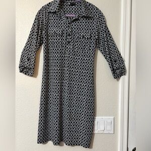 Carole Little Black and White Notched Collar Dress, Roll Sleeve. Jersey Knit